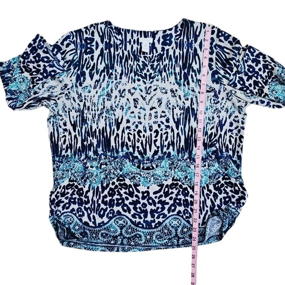 Chico's 3 XL Blue White Leopard Animal Print Flowy Boho Resort Y2K Blouse Top - Picture 6 of 6